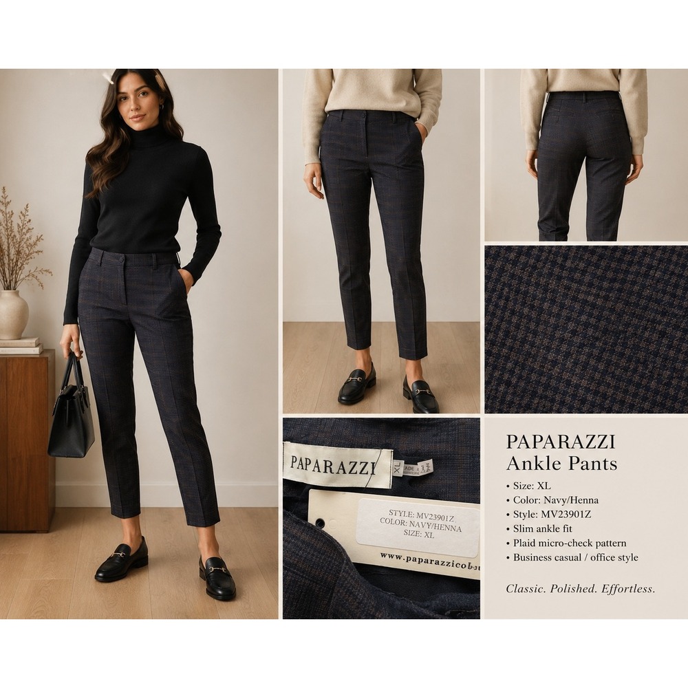 Paparazzi Slim‎ Ankle Pants Navy Henna Plaid Micro-Check Office Womens XL NEW